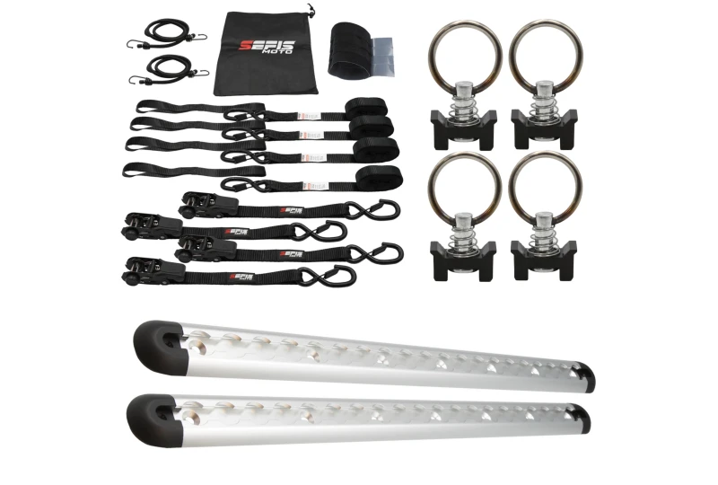 SEFIS ALU kotevná lišta AirLine 2x50cm strieborná + 4 ks oko do lišty AirLine + SEFIS SET 25 pre motocykel