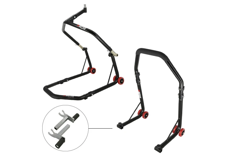 SEFIS D18 predný stojan do krku riadenia a zadný stojan set - 2v1 - čierny pre motocykel