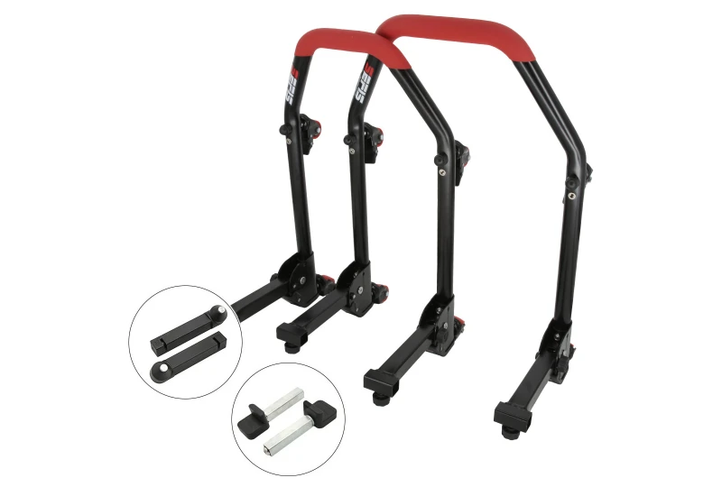 SEFIS M20U sklopný pojazdný univerzálný moto stojan predný a zadný set - tŕne / packy pre motocykel